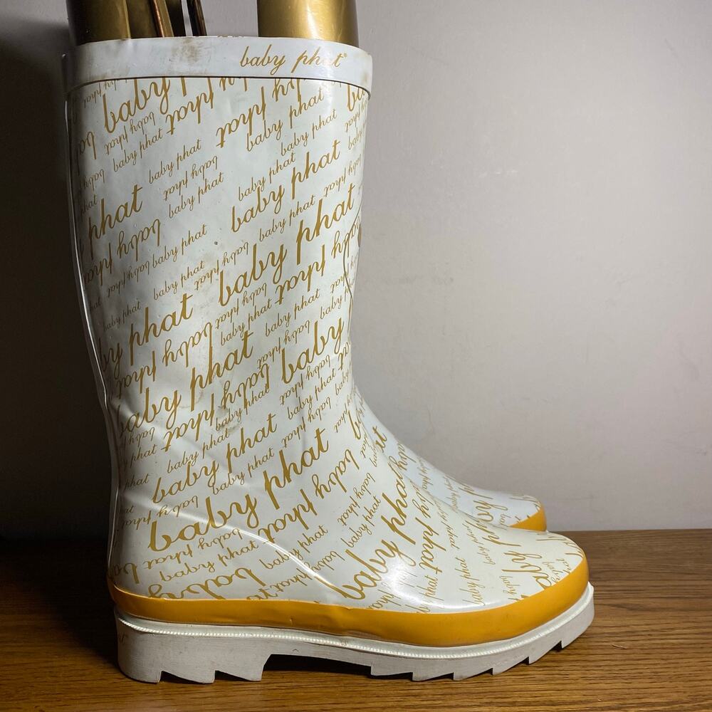 Vintage Y2K Baby Phat White Gold AOP All Over Print Logo Rain Boots Womens 10
